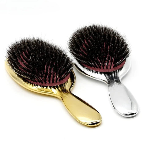 1pc Luxury Gold and Silver Color Boar Bristle Paddle Hair Brush Oval Hair Brush Anti Static Hair Comb Hairdressing Massage Comb