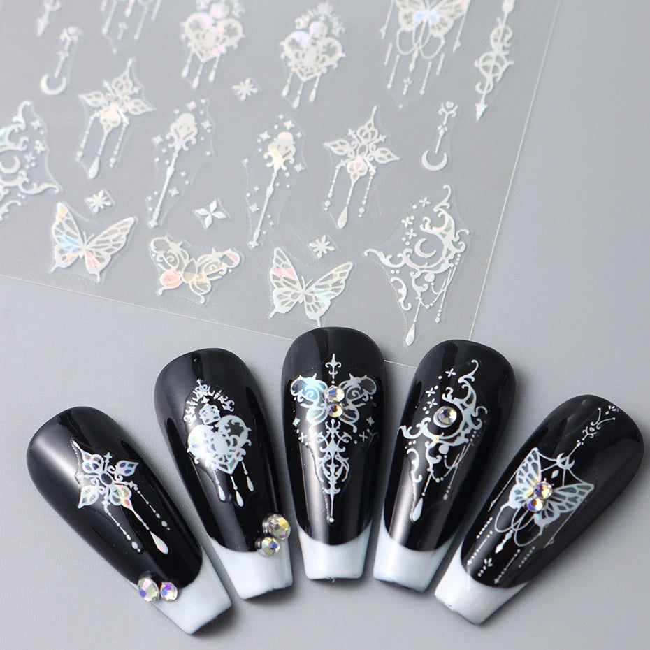 Black White Butterfly Laser Nail Stickers Y2K Nail Art Decoration Abstract Metal Lines Bronzing Lace Flowers Stickers For Nails