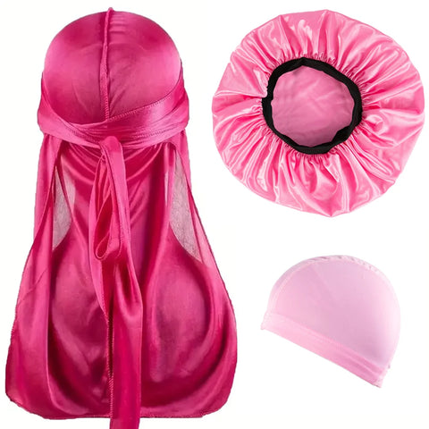 3pcs/set, Durag & Bonnet & Dome Hats, Solid Color Elastic Satin Bonnet Night Cap, Lightweight Pirate Hats