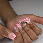 24pcs Short Duck Shaped False Nails Y2k Punk Style Rose Pink Black French Tips Press On Nail Diamond Star Flower Decor Fake Nail