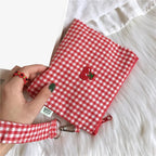 Red cherry canvas makeup bag, portable and easy to carry. Red plaid, large capacity cosmetic lipstick storage bag.