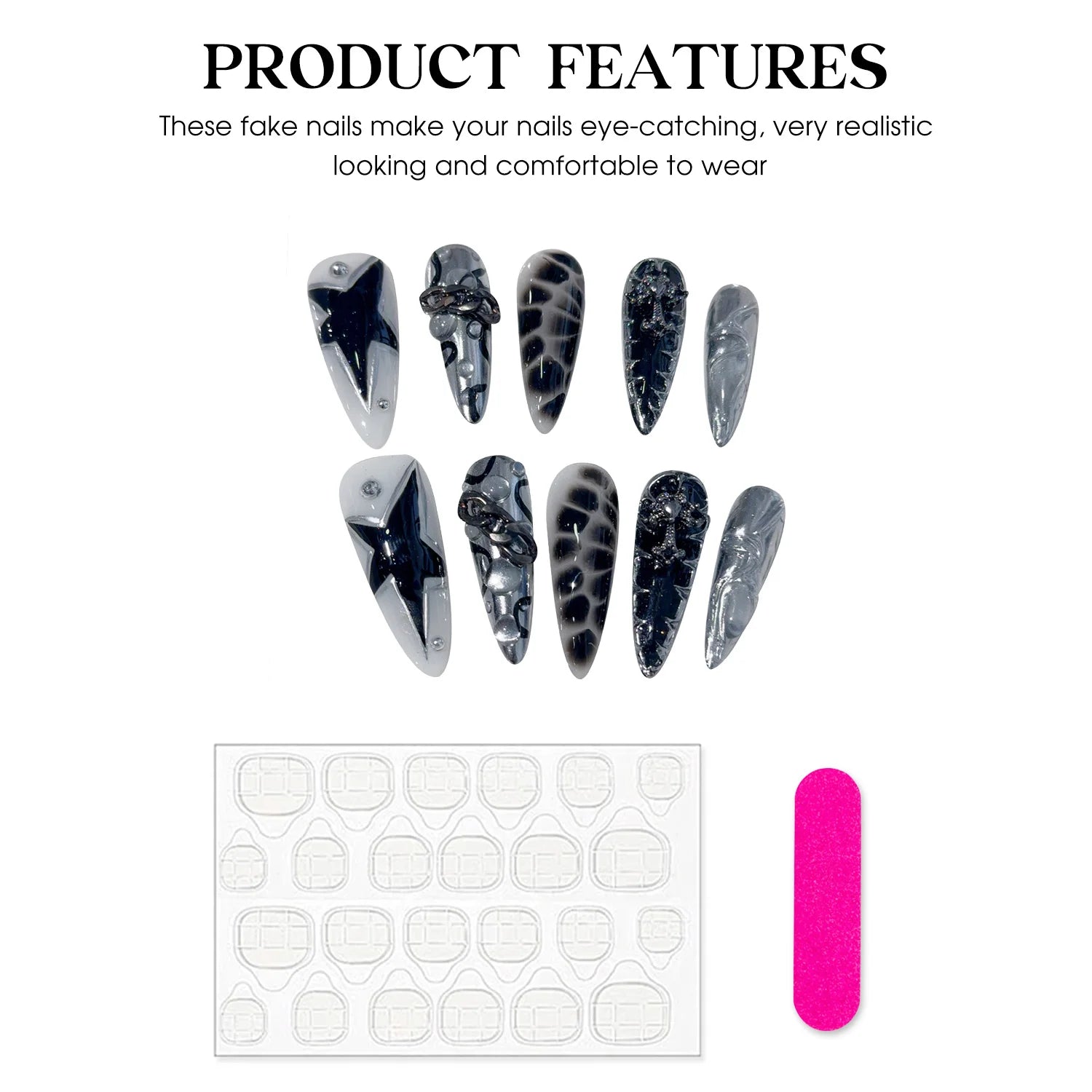Handmade Press on Nails Punk Cool Black Star Crocodile pattern False Nails Heavy Metal European Black Almond Fake Nail Patches