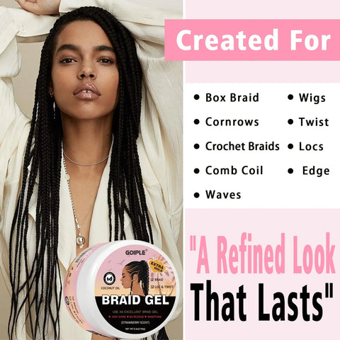 GOIPLE 5.3oz Strawberry Scent Braid Gel with Coconut Oil Loc & Twist Styling Frizz Control Smooth Hair Extra Hold Shaping Pomade