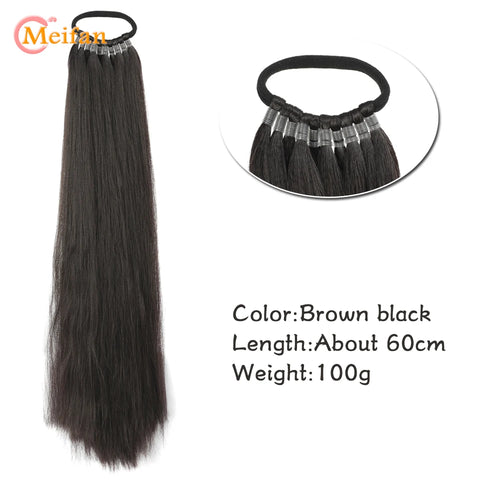 MEIFAN 24 Inch Synthetic Ponytail Extensions Black Natural Braided Pony Tail Hairpiece Long Straight Rubber Band Hair For Women