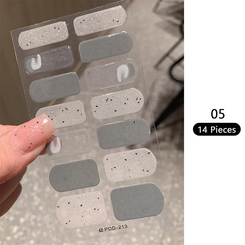 Pink Glitter Design Baking-free Nail Stickers French Style Solid Color Adhesive Full Cover Nail Strip Slider DIY Manicure Decals