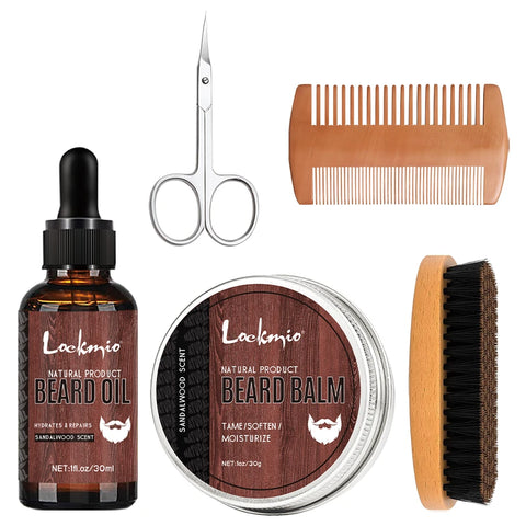 5pcs/Set Beard Growth Kit Sandalwood Scent Beard Balm Oil Moisturizing Styling Trim Care Conditioner For Men