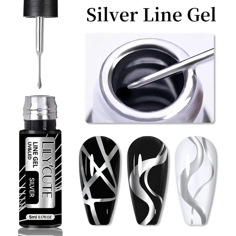 LILYCUTE 5ml Metallic Gel Polish Painting Liner Super Bright Gold Silver Mirror Gel Nail Polish Semi Permanent Lines French Nail