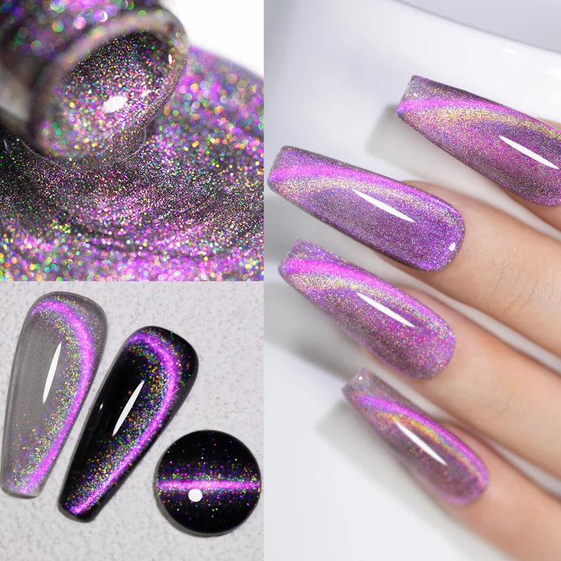PUENTE 7.5ML Sparkling Pinkish Purple Laser Cat Magnetic Gel Nail Polish Holographic Rainbow Effect Soak Off UV Nail Art Varnish
