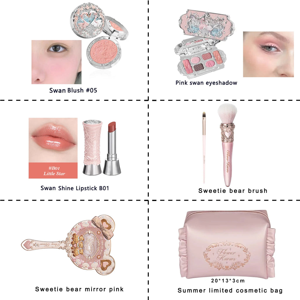 Flower Knows Swan Ballet Collection 6 Color Palette Embossed Blush Shine Lipstick Fairy Tale Ballet Makeup Gift Set