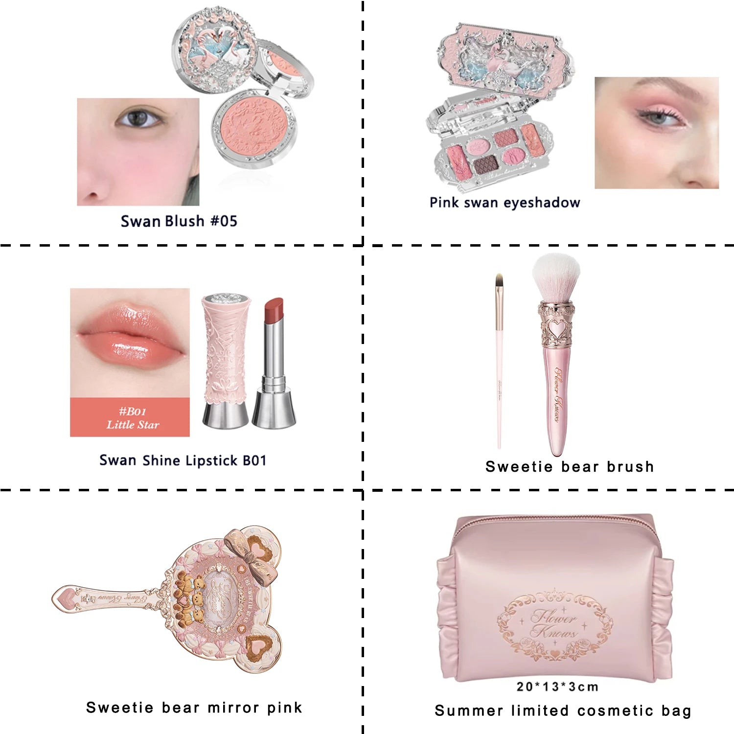 Flower Knows Swan Ballet Collection 6 Color Palette Embossed Blush Shine Lipstick Fairy Tale Ballet Makeup Gift Set