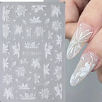 3D White Flower Nail Art Stickers Cute Floral Adhesive Sliders Acrylic Decoration Decals DIY Nail Charms Adhesive Accessories