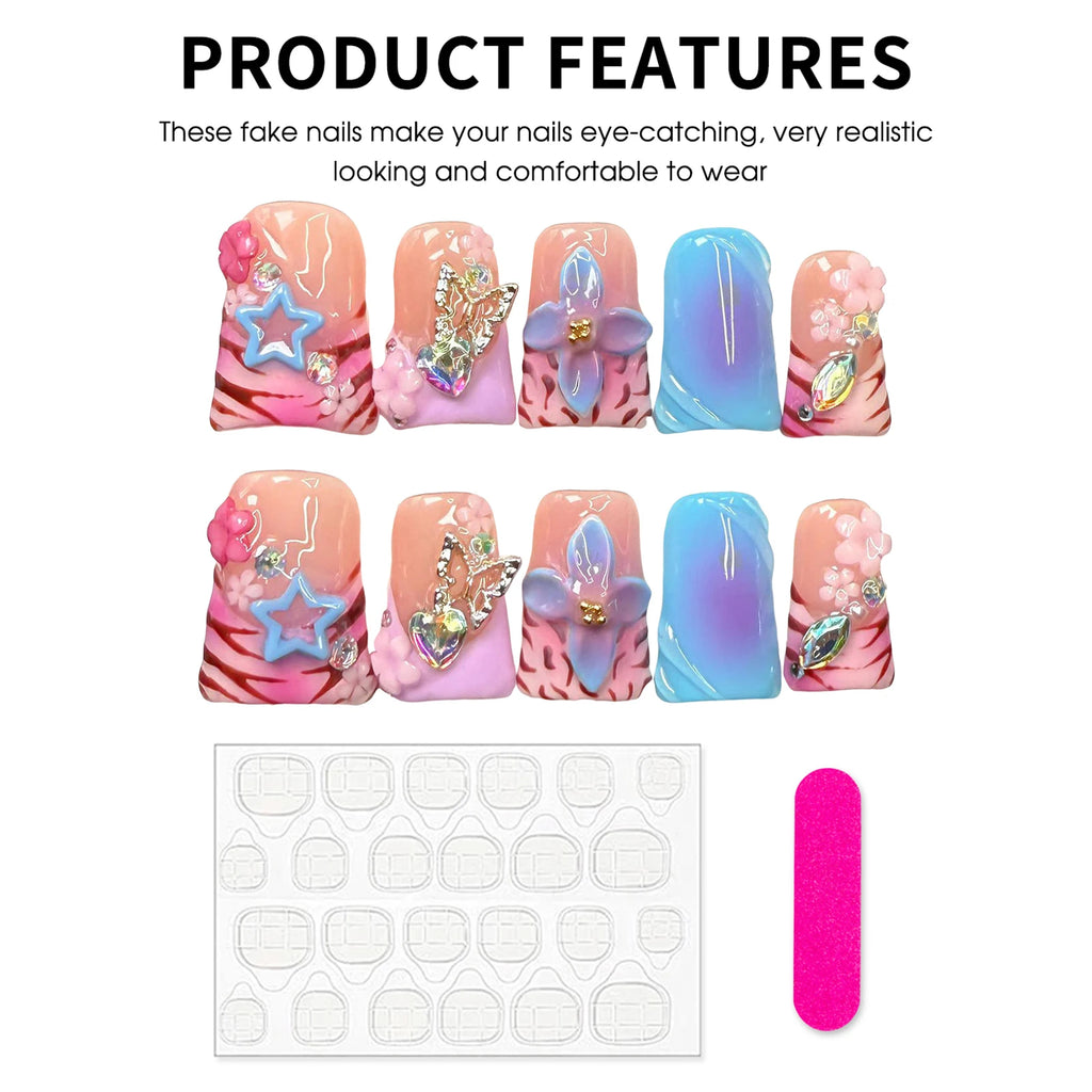 10pcs Handmade Fake Nails Duckbill Shaped Press On Nails Colorful Leopard-print French False Nails With 3D Carved Flower Designs
