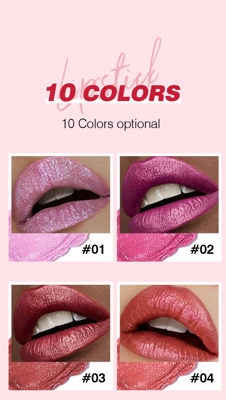 Shimmery Diamond Lipstick 10 Shades Waterproof Glittery Non Transfer Red Lip Tint Smooth Long Wear Pearly Lipstick