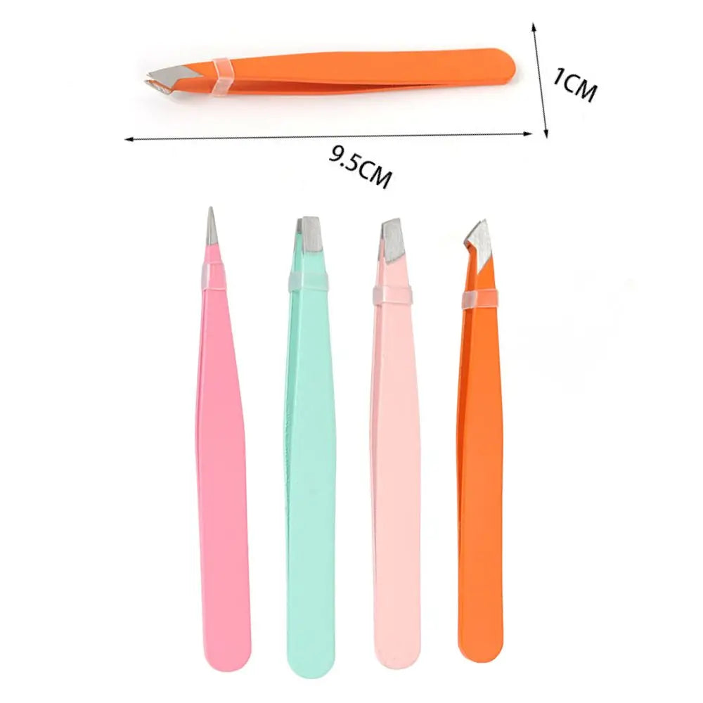 Eyebrow Tweezers Set 4Pcs Colorful Stainless Steel Slant Tip Precision Hair Removal Professional Beauty Tool