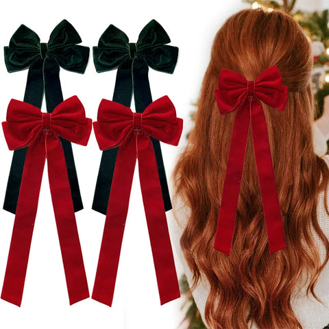 Velvet Hair Clip for Women Elegant Handmade Black Red Green Double Bows Barrette Pin Long Tassel Hair Accessories Christmas Gift