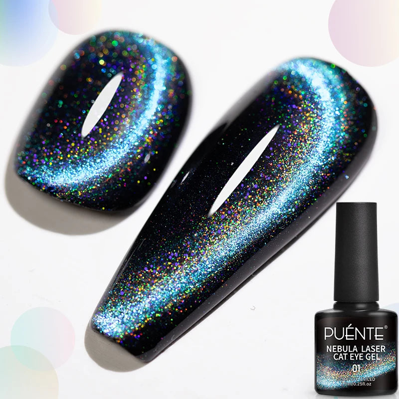 PUENTE 7.5ML Blue Laser Cat Magnetic Gel Nail Polish Sparkling Holographic Rainbow Cat Eye Gel Soak Off UV/LED Nail Art Varnish