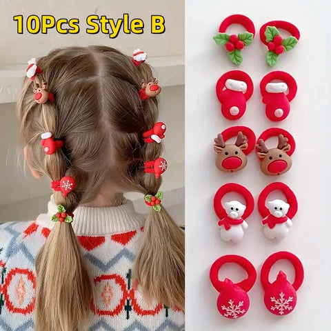 10Pcs Kids Girls Christmas Hair Ties Cute Santa Claus & Reindeer Design Festive Hair Accessories Holiday Parties Decorations