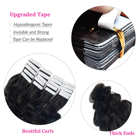 Body Wave Invisible Adhesive Tape In Hair Extensions 20pcs/Pack Skin Weft Tape Ins Machine Remy Human Hair For Women #1B